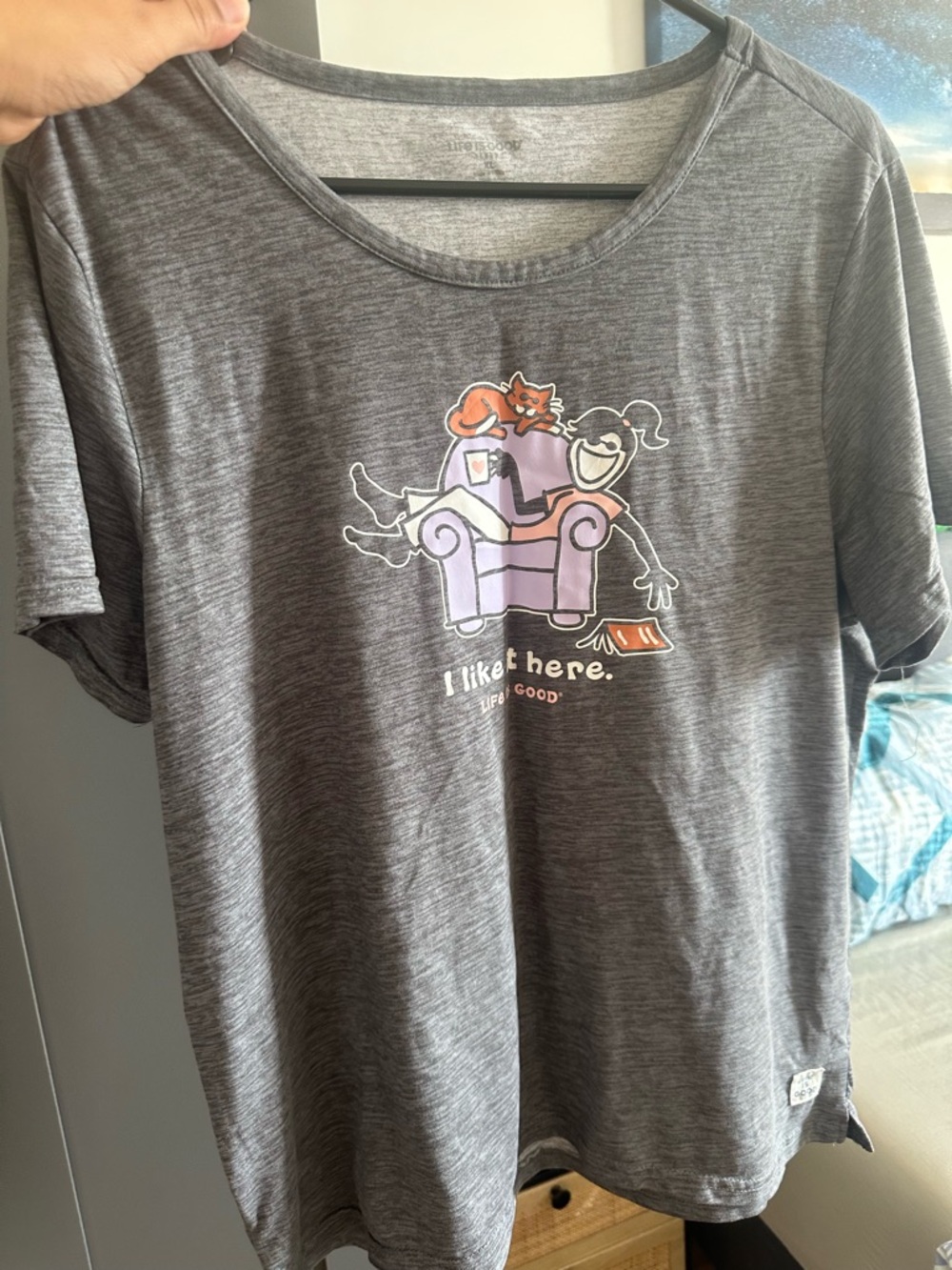 Life Is Good Gray Tee with Purple Chair and Orange Cat Graphic - Picture 2 of 3